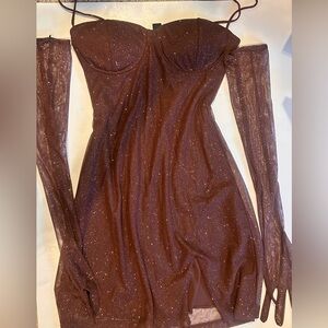 Brown glitter mini dress with gloves